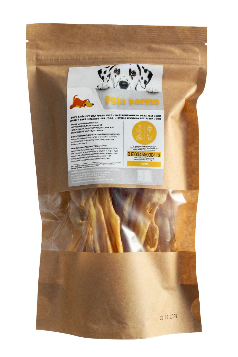 Uszy królicze bez futra 100g z etykietą